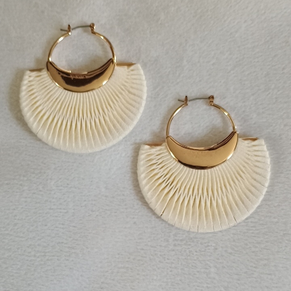 Chico's Gold Hoop Earrings with Cream Fan Accents